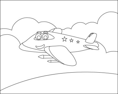 Gökyüzünde komik şirin bir uçak uçuyor. Çizgi film izole vektör çizimi, çocuk aktivite kitabı veya sayfa boyama için yaratıcı vektör tasarımı.