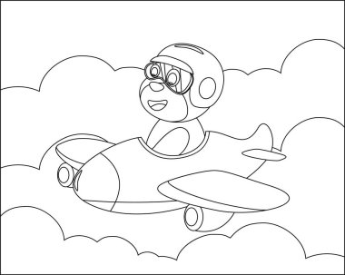 Uçakta uçan sevimli bir ayı, karikatür el çizimi vektör çizimi. Çizgi film izole vektör çizimi, çocuk aktivite kitabı veya sayfa boyama için yaratıcı vektör tasarımı.