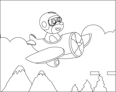 Uçakta uçan sevimli bir ayı, karikatür el çizimi vektör çizimi. Çizgi film izole vektör çizimi, çocuk aktivite kitabı veya sayfa boyama için yaratıcı vektör tasarımı.