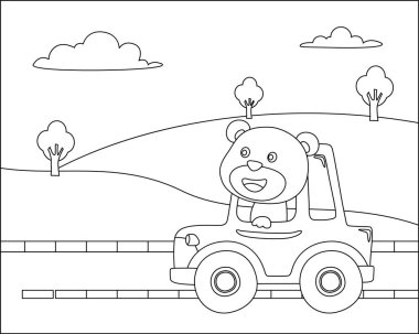 Komik ayı arabasının yol kenarındaki köy manzaralı vektör karikatürü. Çizgi film izole vektör çizimi, çocuk aktivite kitabı veya sayfa boyama için yaratıcı vektör tasarımı.