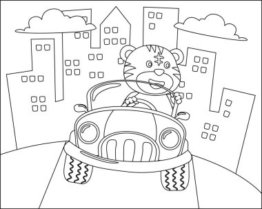 Tatlı kaplan çizgi filmi güneşli bir günde araba sürerken eğleniyor. Çizgi film izole vektör çizimi, çocuk aktivite kitabı veya sayfa boyama için yaratıcı vektör tasarımı.