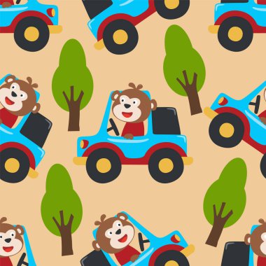 Kusursuz desenli, komik maymun sürücüsü arabasıyla yol kenarında köy manzaralı. Kumaş tekstil, kreş, bebek kıyafetleri, arka plan, tekstil, ambalaj kağıdı ve diğer dekorasyonlar için.
