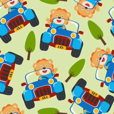 Kusursuz desenli şirin aslan çizgi filmi dağda off-road araba sürerken eğleniyor. Kumaş tekstil, kreş, bebek kıyafetleri, arka plan, tekstil, ambalaj kağıdı ve diğer dekorasyonlar için.