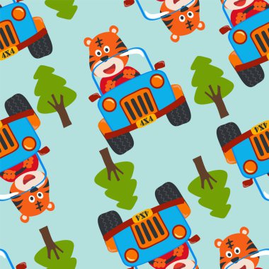 Kusursuz desenli şirin kaplan çizgi filmi dağda off-road araba sürerken eğleniyor. Kumaş tekstil, kreş, bebek kıyafetleri, arka plan, tekstil, ambalaj kağıdı ve diğer dekorasyonlar için.