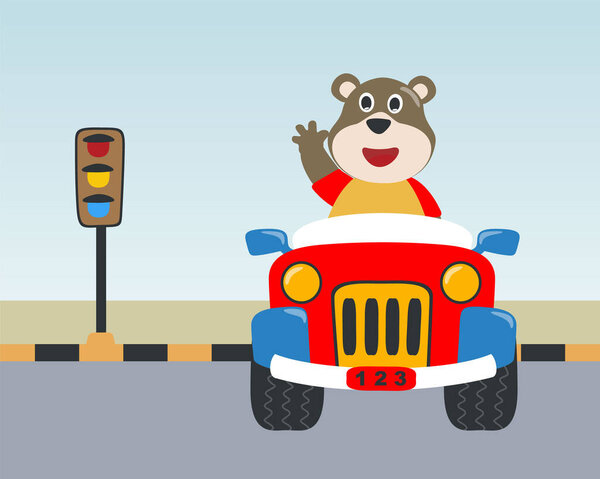 Симпатичный мультфильм про медведя, веселящийся за рулем внедорожника в солнечный день. Векторный детский фон для ткани, детские обои, открытка, плакат и другие украшения. Векторная иллюстрация.