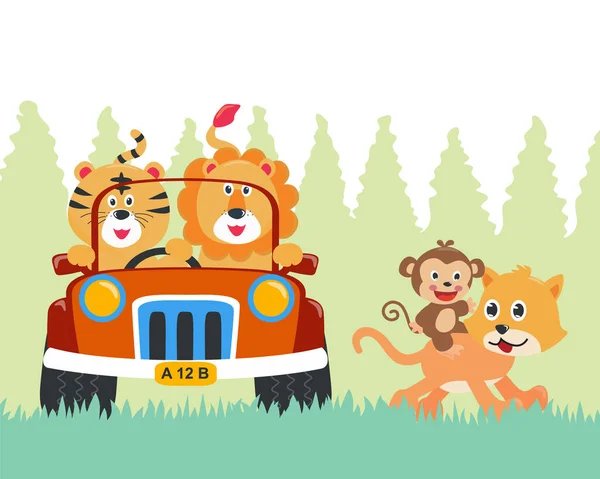 Group Animal Cartoon Having Fun Driving Car Sunny Day Vector — Stock Vector