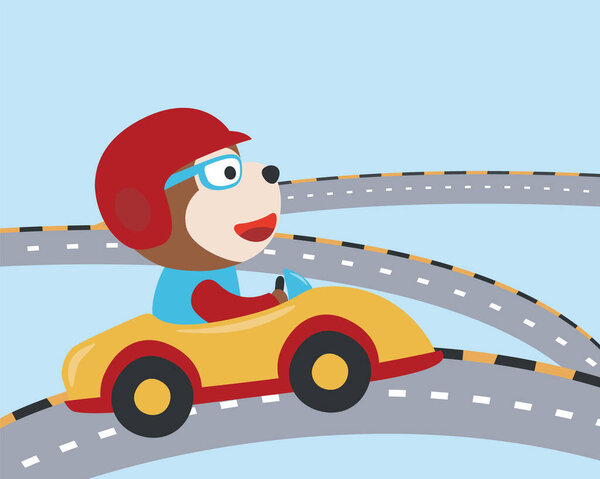 Симпатичная обезьянка за рулем винтажной гоночной машины. Векторный детский фон для ткани, детские обои, открытка, плакат и другие украшения. Векторная иллюстрация.