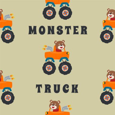 Hayvan sürücüsü olan canavar kamyonun kusursuz desenli vektörü kumaş tekstili, çocuk odası arka planı, bebek kıyafetleri, poster, ambalaj kağıdı ve diğer dekorasyonlar için yaratıcı vektör çocuksu arka planı..