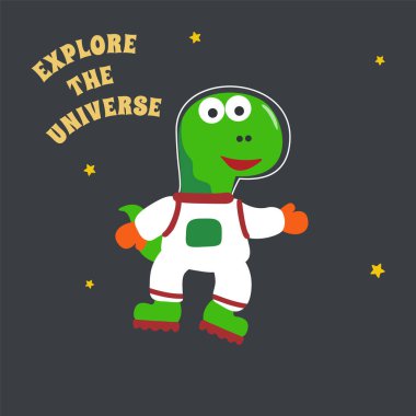 Uzaydaki komik dinozor. Uzayda dinozor. Kumaş, tekstil, bebek odası duvar kâğıdı, poster, kart ve broşür için el yapımı çocuk illüstrasyonları. ve diğer dekorasyon.