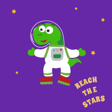 Uzaydaki komik dinozor. Uzayda dinozor. Kumaş, tekstil, bebek odası duvar kâğıdı, poster, kart ve broşür için el yapımı çocuk illüstrasyonları. ve diğer dekorasyon.