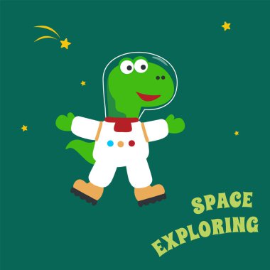 Uzaydaki komik dinozor. Uzayda dinozor. Kumaş, tekstil, bebek odası duvar kâğıdı, poster, kart ve broşür için el yapımı çocuk illüstrasyonları. ve diğer dekorasyon.