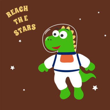 Uzaydaki komik dinozor. Uzayda dinozor. Kumaş, tekstil, bebek odası duvar kâğıdı, poster, kart ve broşür için el yapımı çocuk illüstrasyonları. ve diğer dekorasyon.