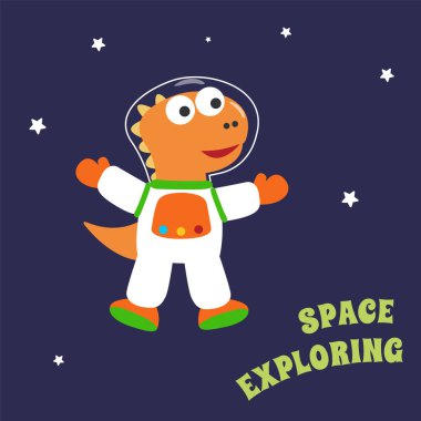 Uzaydaki komik dinozor. Uzayda dinozor. Kumaş, tekstil, bebek odası duvar kâğıdı, poster, kart ve broşür için el yapımı çocuk illüstrasyonları. ve diğer dekorasyon.