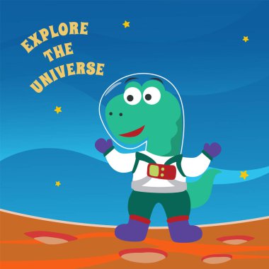 Kızıl Gezegeni keşfeden sevimli dinozor. Yaşamın izlerini arama görevi. Kumaş, tekstil, bebek odası duvar kâğıdı, poster, broşür için yaratıcı çocuksu arka plan. ve diğer dekorasyon.