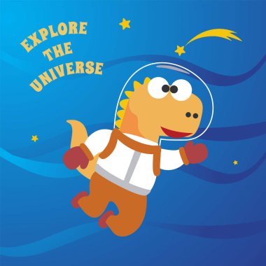 Uzaydaki komik dinozor. Uzayda dinozor. Kumaş, tekstil, bebek odası duvar kâğıdı, poster, kart ve broşür için el yapımı çocuk illüstrasyonları. ve diğer dekorasyon.