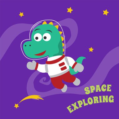 Uzaydaki komik dinozor. Uzayda dinozor. Kumaş, tekstil, bebek odası duvar kâğıdı, poster, kart ve broşür için el yapımı çocuk illüstrasyonları. ve diğer dekorasyon.