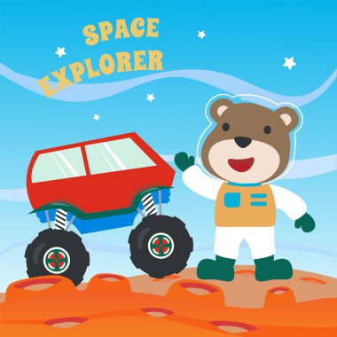 Sevimli ayı ve Gezgin 'i Kızıl Gezegeni keşfediyor. Yaşamın izlerini arama görevi. Kumaş, tekstil, çocuk odası duvar kâğıdı ve poster için yaratıcı çocuksu bir arka plan. ve diğer dekorasyon.