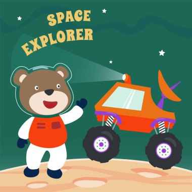 Sevimli ayı ve Gezgin 'i Kızıl Gezegeni keşfediyor. Yaşamın izlerini arama görevi. Kumaş, tekstil, çocuk odası duvar kâğıdı ve poster için yaratıcı çocuksu bir arka plan. ve diğer dekorasyon.