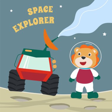 Tatlı aslan ve Gezgin 'i Kızıl Gezegeni keşfediyor. Yaşamın izlerini arama görevi. Kumaş, tekstil, çocuk odası duvar kâğıdı ve poster için yaratıcı çocuksu bir arka plan. ve diğer dekorasyon.