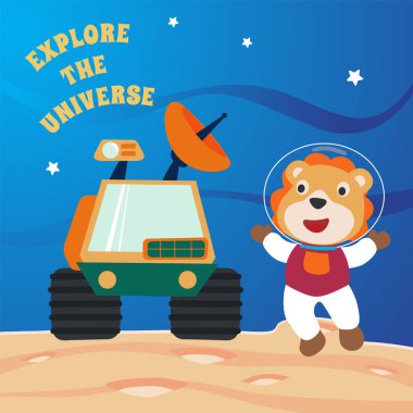 Tatlı aslan ve Gezgin 'i Kızıl Gezegeni keşfediyor. Yaşamın izlerini arama görevi. Kumaş, tekstil, çocuk odası duvar kâğıdı ve poster için yaratıcı çocuksu bir arka plan. ve diğer dekorasyon.