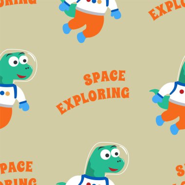 Uzaydaki komik dinozor astronotunun kusursuz desen vektörü. Dinozor uzayda. Kumaş, tekstil, çocuk odası duvar kağıdı, kart, poster ve diğer dekorasyonlar için yaratıcı vektör çocuksu arka plan.