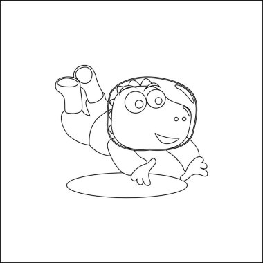 Uzaydaki komik dino astronot. Dinozor uzayda. Vektör elle çizilmiş çocuk çizimi. Çocuk aktivite kitabı ya da sayfa boyama için yaratıcı vektör tasarımı.