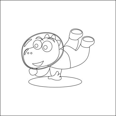 Uzaydaki komik dino astronot. Dinozor uzayda. Vektör elle çizilmiş çocuk çizimi. Çocuk aktivite kitabı ya da sayfa boyama için yaratıcı vektör tasarımı.