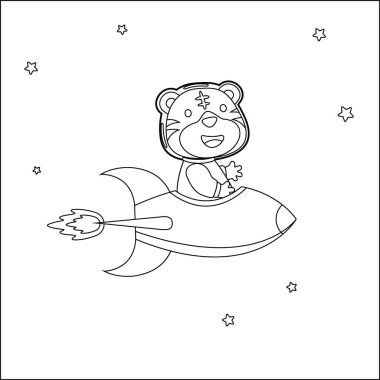 Kaplan astronot roketiyle oynuyor. Uzayda bir hayvan. Vektör elle çizilmiş çocuk çizimi. Çocuk aktivite kitabı ya da sayfa boyama için yaratıcı vektör tasarımı.