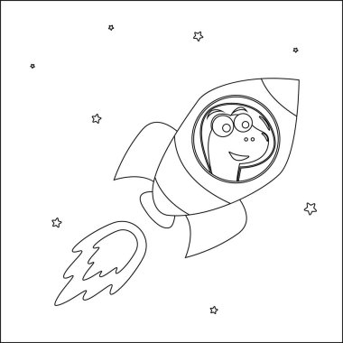 Dino roketiyle oynuyor. Dinozor uzayda. Vektör elle çizilmiş çocuk çizimi. Çocuk aktivite kitabı ya da sayfa boyama için yaratıcı vektör tasarımı.