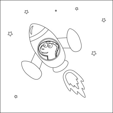 Dino roketiyle oynuyor. Dinozor uzayda. Vektör elle çizilmiş çocuk çizimi. Çocuk aktivite kitabı ya da sayfa boyama için yaratıcı vektör tasarımı.