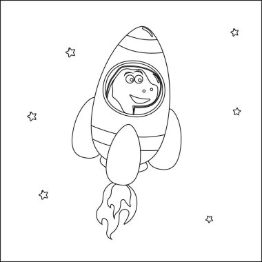 Dino roketiyle oynuyor. Dinozor uzayda. Vektör elle çizilmiş çocuk çizimi. Çocuk aktivite kitabı ya da sayfa boyama için yaratıcı vektör tasarımı.