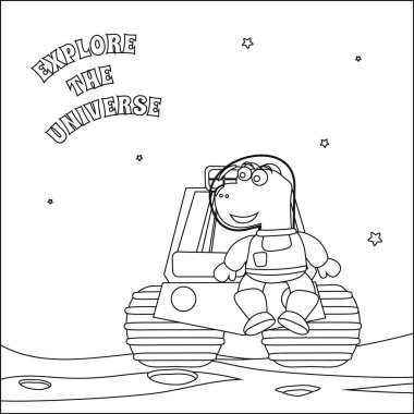 Dino ve Gezgin 'i Kızıl Gezegeni keşfediyor. Vektör elle çizilmiş çocuk çizimi. Çocuk aktivite kitabı ya da sayfa boyama için yaratıcı vektör tasarımı.