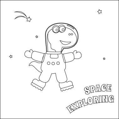 Uzaydaki komik dino astronot. Dinozor uzayda. Vektör elle çizilmiş çocuk çizimi. Çocuk aktivite kitabı ya da sayfa boyama için yaratıcı vektör tasarımı.