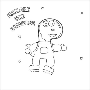 Uzaydaki komik dino astronot. Dinozor uzayda. Vektör elle çizilmiş çocuk çizimi. Çocuk aktivite kitabı ya da sayfa boyama için yaratıcı vektör tasarımı.