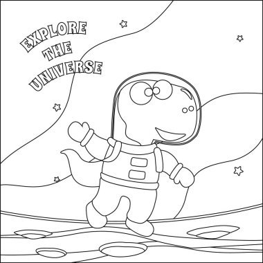 Uzaydaki komik dino astronot. Dinozor uzayda. Vektör elle çizilmiş çocuk çizimi. Çocuk aktivite kitabı ya da sayfa boyama için yaratıcı vektör tasarımı.