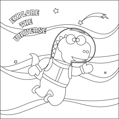 Uzaydaki komik dino astronot. Dinozor uzayda. Vektör elle çizilmiş çocuk çizimi. Çocuk aktivite kitabı ya da sayfa boyama için yaratıcı vektör tasarımı.