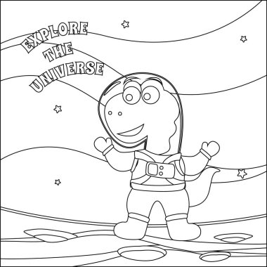 Uzaydaki komik dino astronot. Dinozor uzayda. Vektör elle çizilmiş çocuk çizimi. Çocuk aktivite kitabı ya da sayfa boyama için yaratıcı vektör tasarımı.