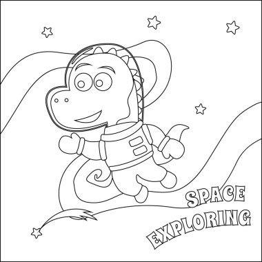 Uzaydaki komik dino astronot. Dinozor uzayda. Vektör elle çizilmiş çocuk çizimi. Çocuk aktivite kitabı ya da sayfa boyama için yaratıcı vektör tasarımı.