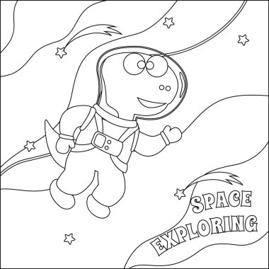 Uzaydaki komik dino astronot. Dinozor uzayda. Vektör elle çizilmiş çocuk çizimi. Çocuk aktivite kitabı ya da sayfa boyama için yaratıcı vektör tasarımı.