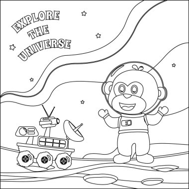 Tatlı maymun ve Gezgin 'i Kızıl Gezegeni keşfediyor. Vektör elle çizilmiş çocuk çizimi. Çocuk aktivite kitabı ya da sayfa boyama için yaratıcı vektör tasarımı.