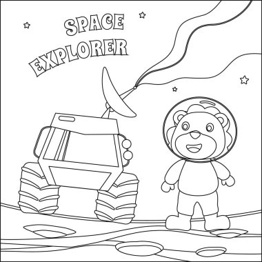 Tatlı aslan ve Gezgin 'i Kızıl Gezegeni keşfediyor. Vektör elle çizilmiş çocuk çizimi. Çocuk aktivite kitabı ya da sayfa boyama için yaratıcı vektör tasarımı.