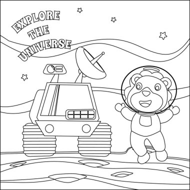 Tatlı aslan ve Gezgin 'i Kızıl Gezegeni keşfediyor. Vektör elle çizilmiş çocuk çizimi. Çocuk aktivite kitabı ya da sayfa boyama için yaratıcı vektör tasarımı.