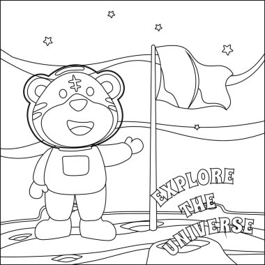 Cute tiger astronaut with flag on the red planet. Vector hand-drawn coloring children's illustration. Creative vector Childish design for kids activity colouring book or page.