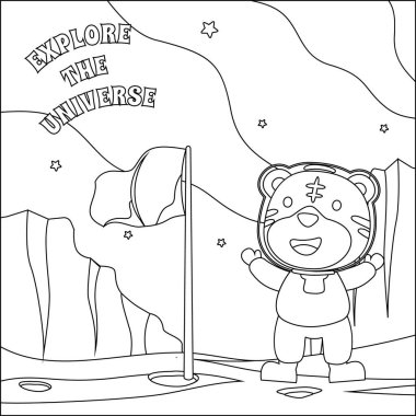 Cute tiger astronaut with flag on the red planet. Vector hand-drawn coloring children's illustration. Creative vector Childish design for kids activity colouring book or page.