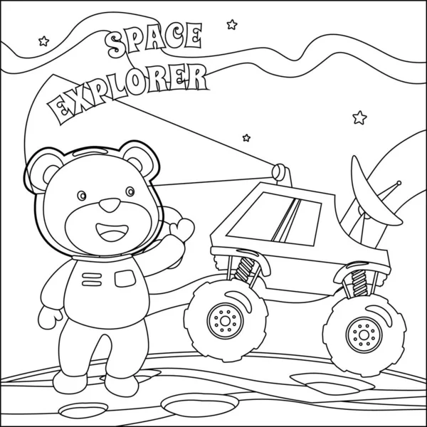 Cute Bear His Rover Exploring Red Planet Vector Hand Drawn — Stock Vector