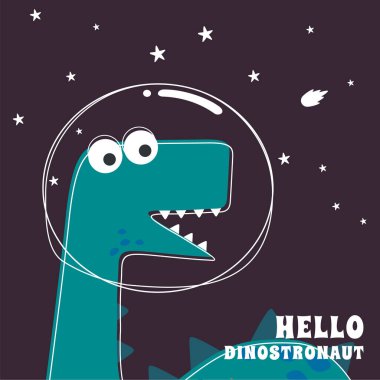 Şirin astronot dinozor. Çocuklar için uzay temalı tişört baskısı. Kumaş, tekstil, bebek odası duvar kâğıdı, poster, kart, broşür için yaratıcı çocuksu bir geçmiş. ve diğer dekorasyon.