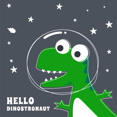 Şirin astronot dinozor. Çocuklar için uzay temalı tişört baskısı. Kumaş, tekstil, bebek odası duvar kâğıdı, poster, kart, broşür için yaratıcı çocuksu bir geçmiş. ve diğer dekorasyon.