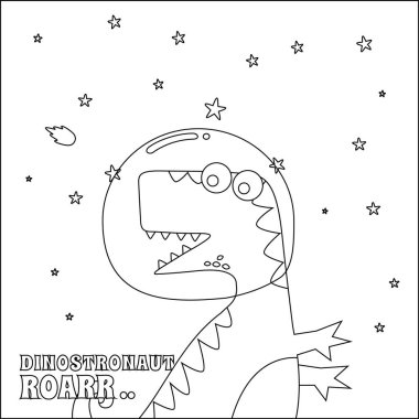 Uzayda sevimli dinozor astronotları, beyaz arka plan izole edilmiş vektör çizimleri, çocuk aktivite kitabı ya da sayfa boyama için yaratıcı vektör tasarımı.