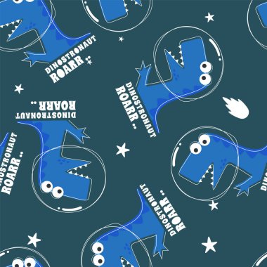 Uzay dinozoruyla kusursuz bir düzen. Kumaş, bebek kıyafetleri, arka plan, tekstil, ambalaj kağıdı ve diğer dekorasyonlar için sevimli dinozor deseni.