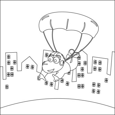 Çocuk aktivite kitabı ya da sayfa boyama için çizgi film tarzı çocuksu tasarımı olan küçük dinozorlarla gökyüzü dalışının vektör çizimi.